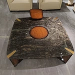 Luxury Square Coffee Table with Multi-Material Design Featuring Natural Wood Veneer and Marble-Effect Top